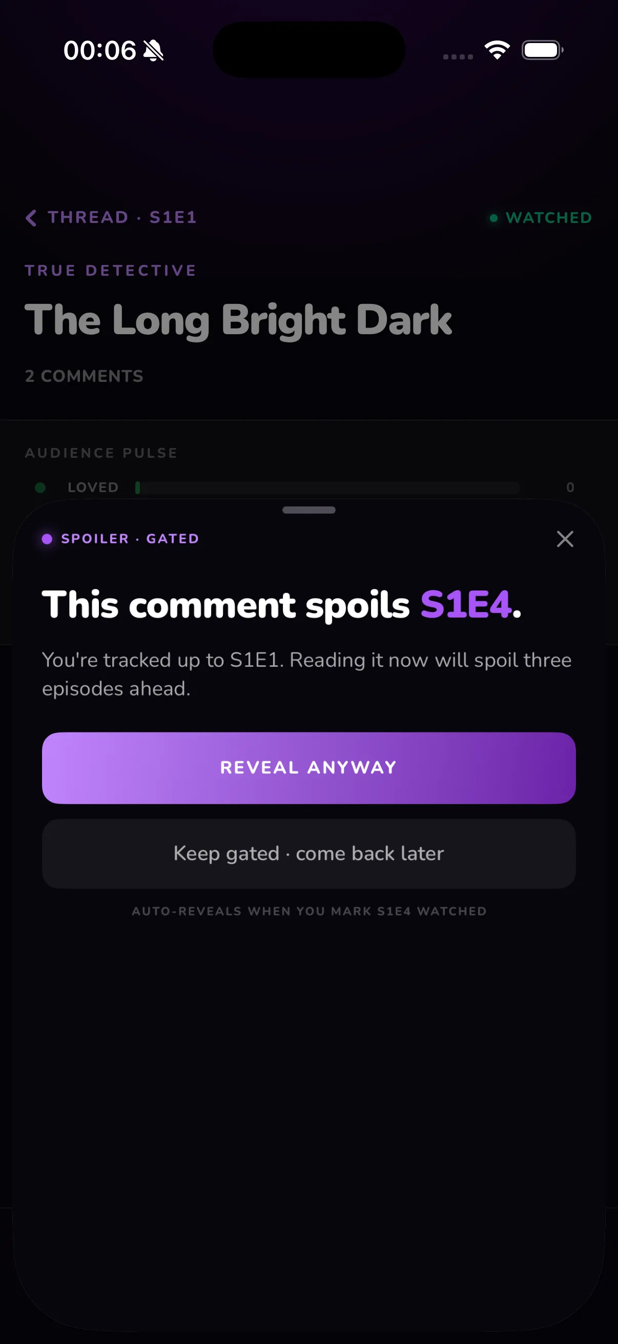 Televise — Spoiler-gated comment warning protecting unwatched users