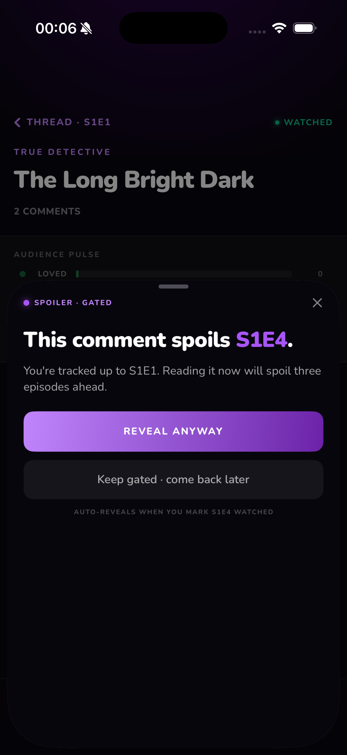 Televise — Spoiler-gated comment warning protecting unwatched users
