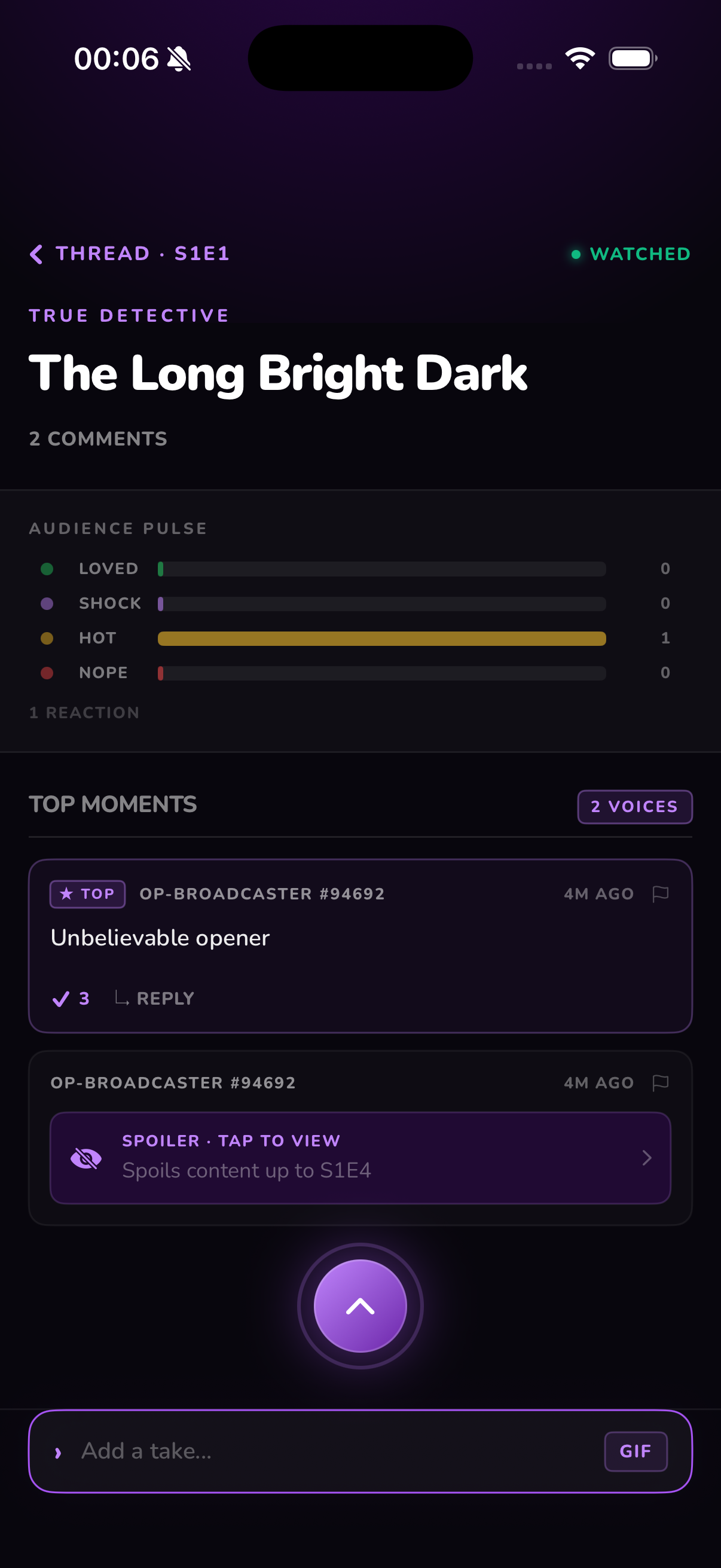 Televise — Episode discussion with audience pulse and top comment