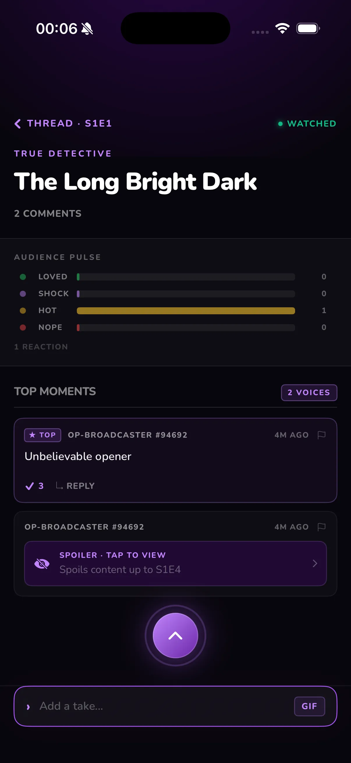 Televise — Episode discussion with audience pulse and top comment