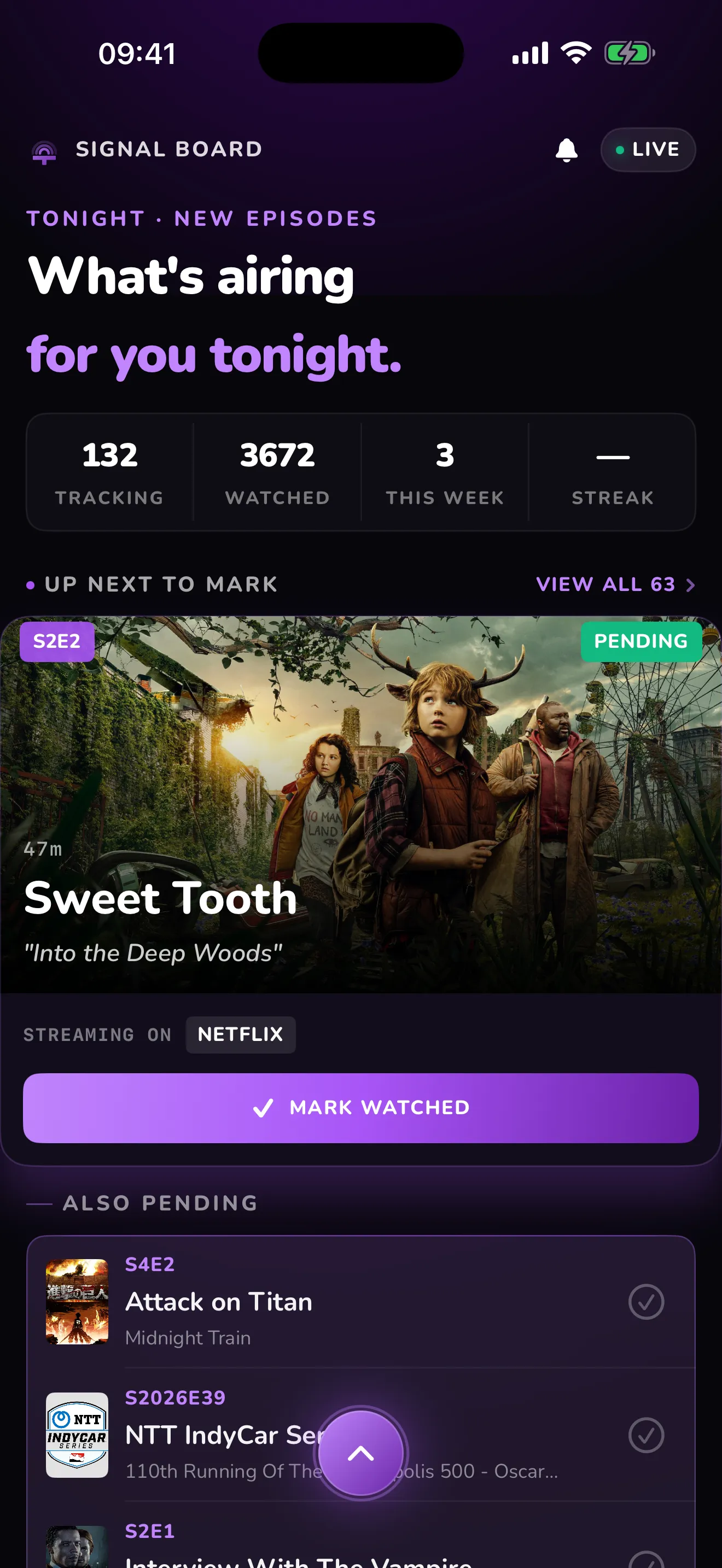 Televise — Home screen showing Tonight, stats, and the next episode to mark watched