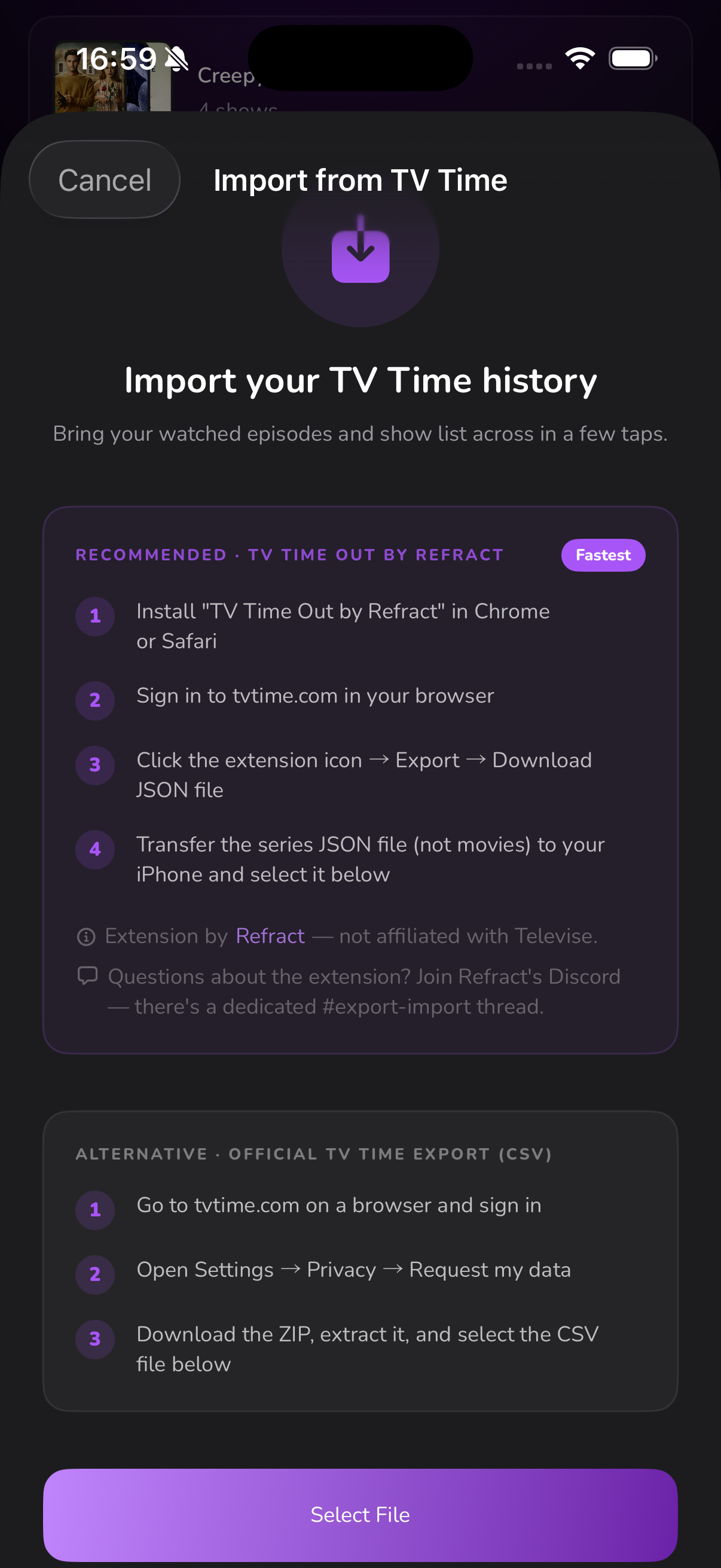 Televise — Import from TV Time dialog with step-by-step instructions