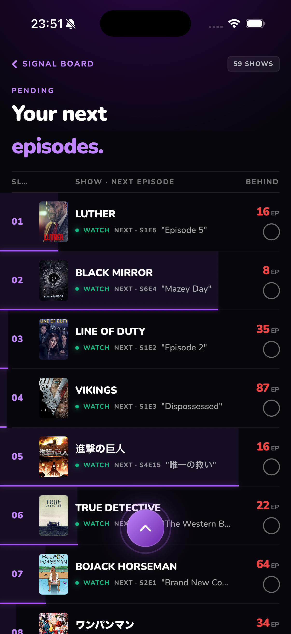 Televise — Pending screen for one-tap mark-watched on the episodes you owe