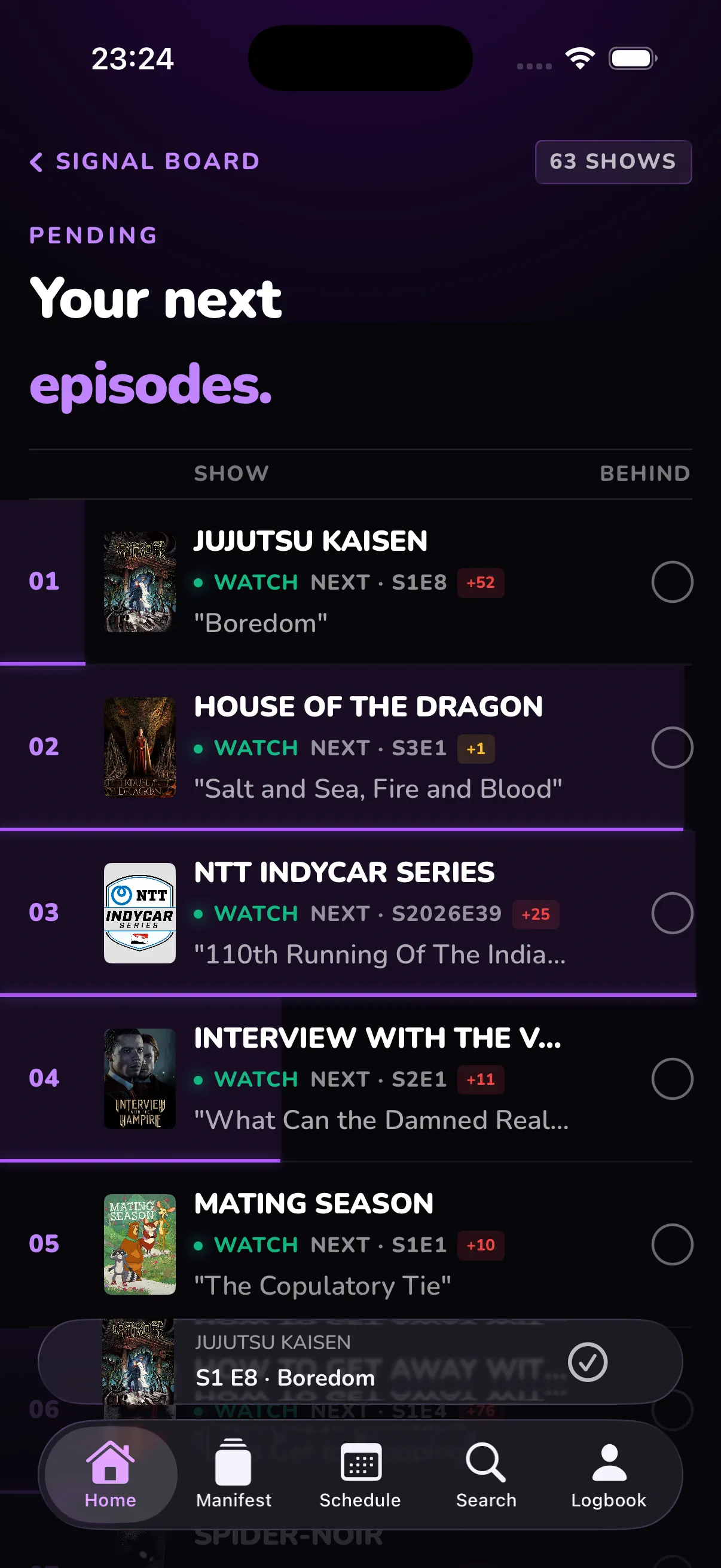 Televise — Pending screen for one-tap mark-watched on the episodes you owe