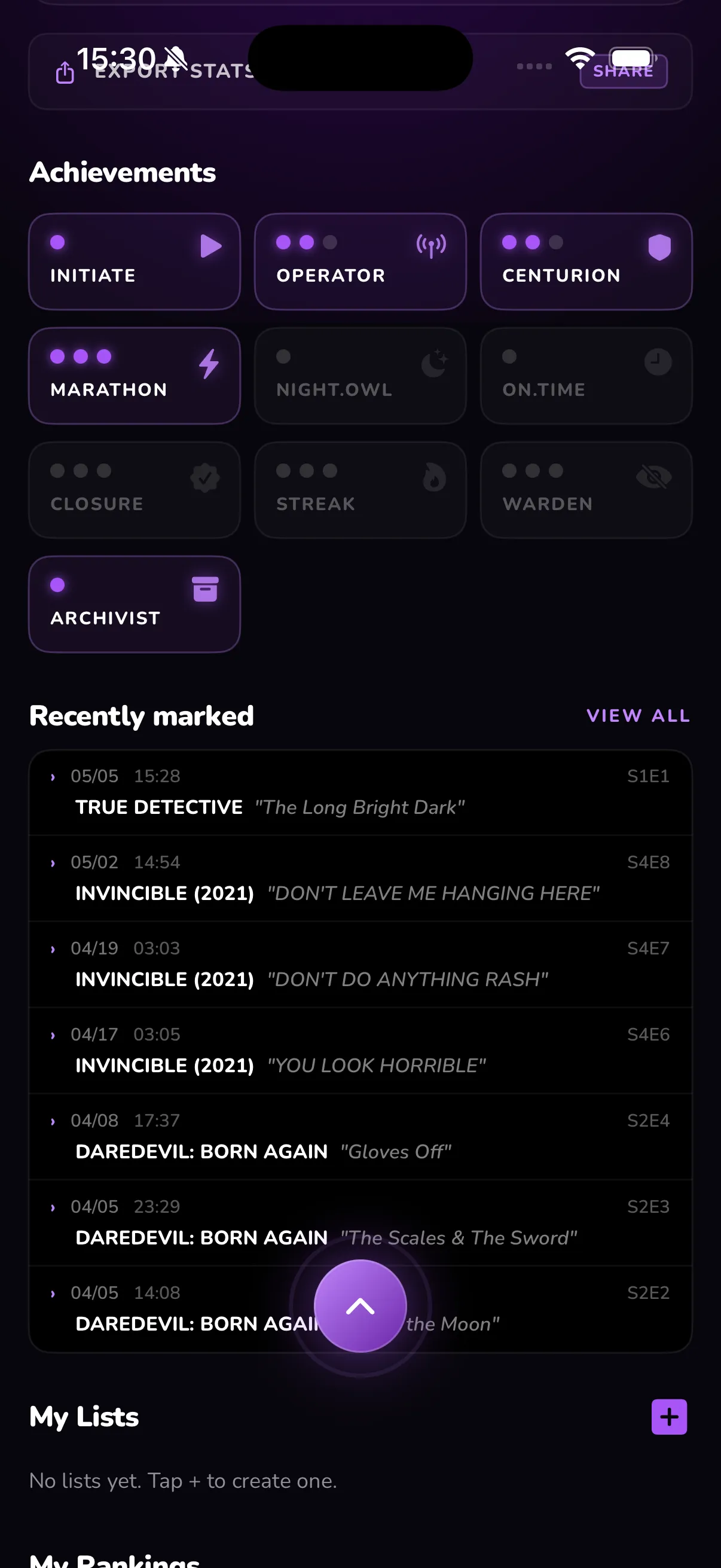 Televise — Profile showing the ten achievement badges