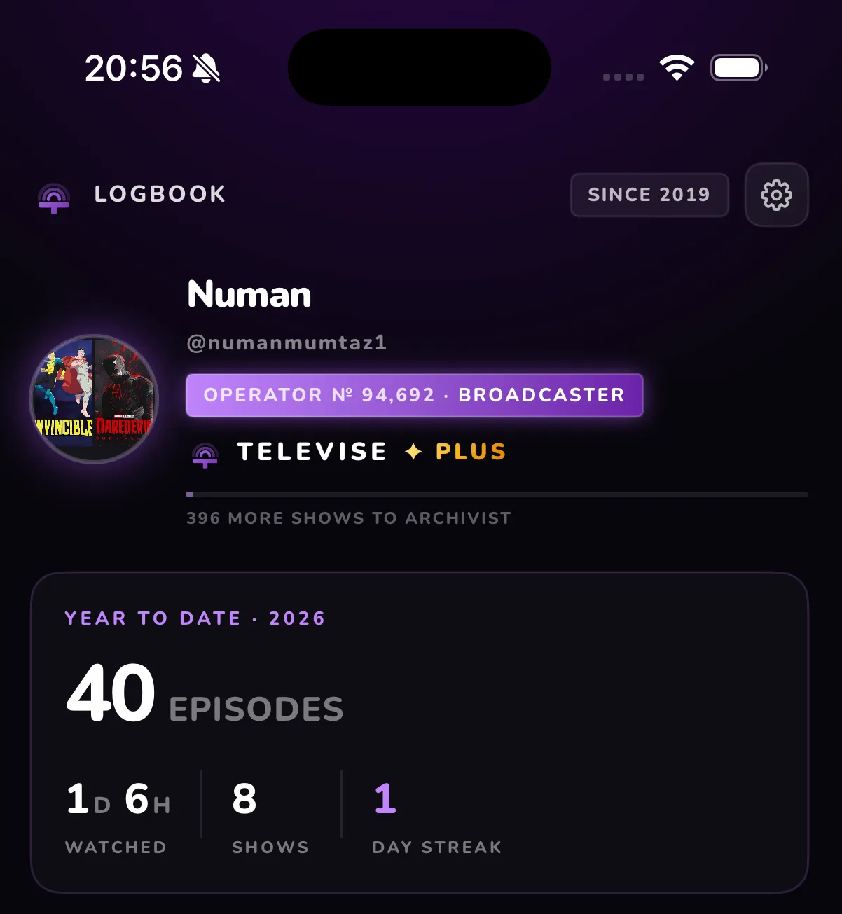 Televise — Profile top view showing your year stats