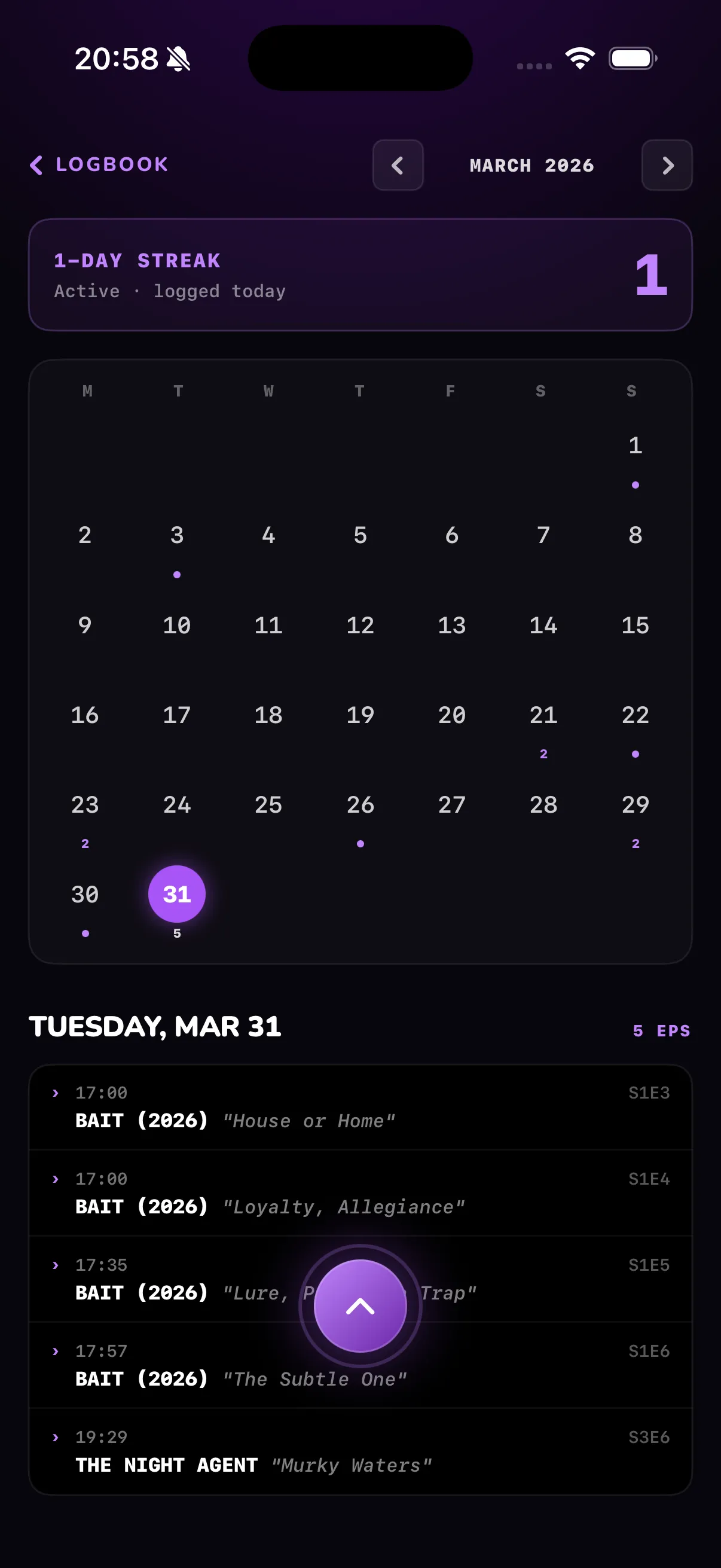 Televise — Tap any day to see exactly what you watched