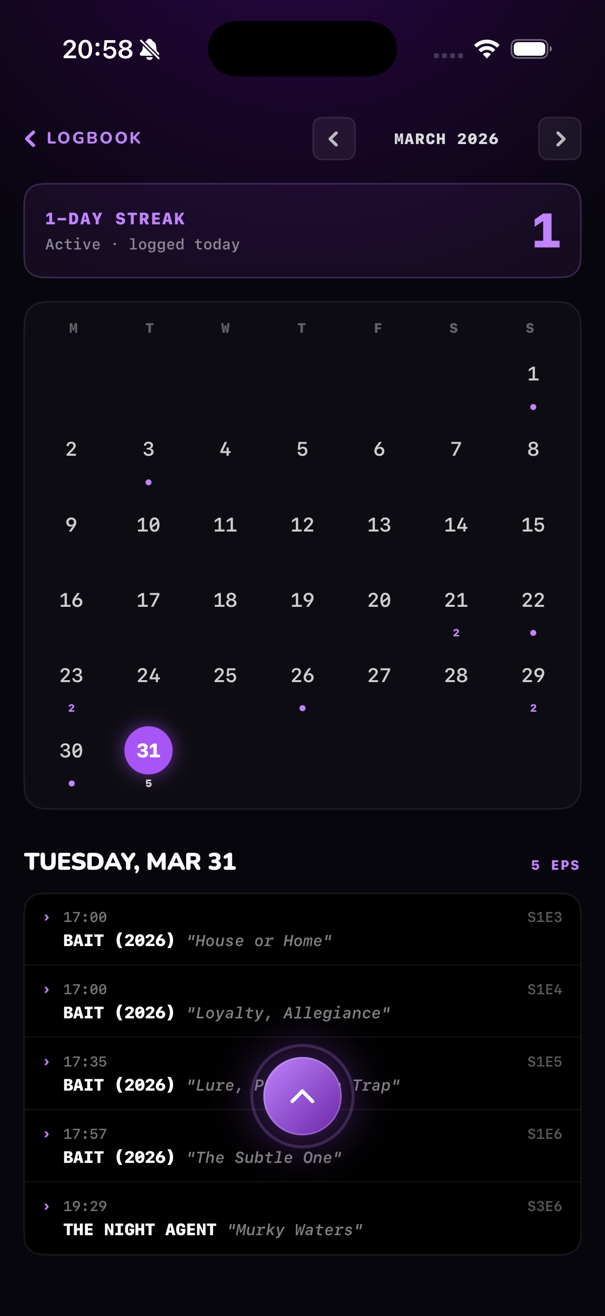 Televise — Tap any day to see exactly what you watched