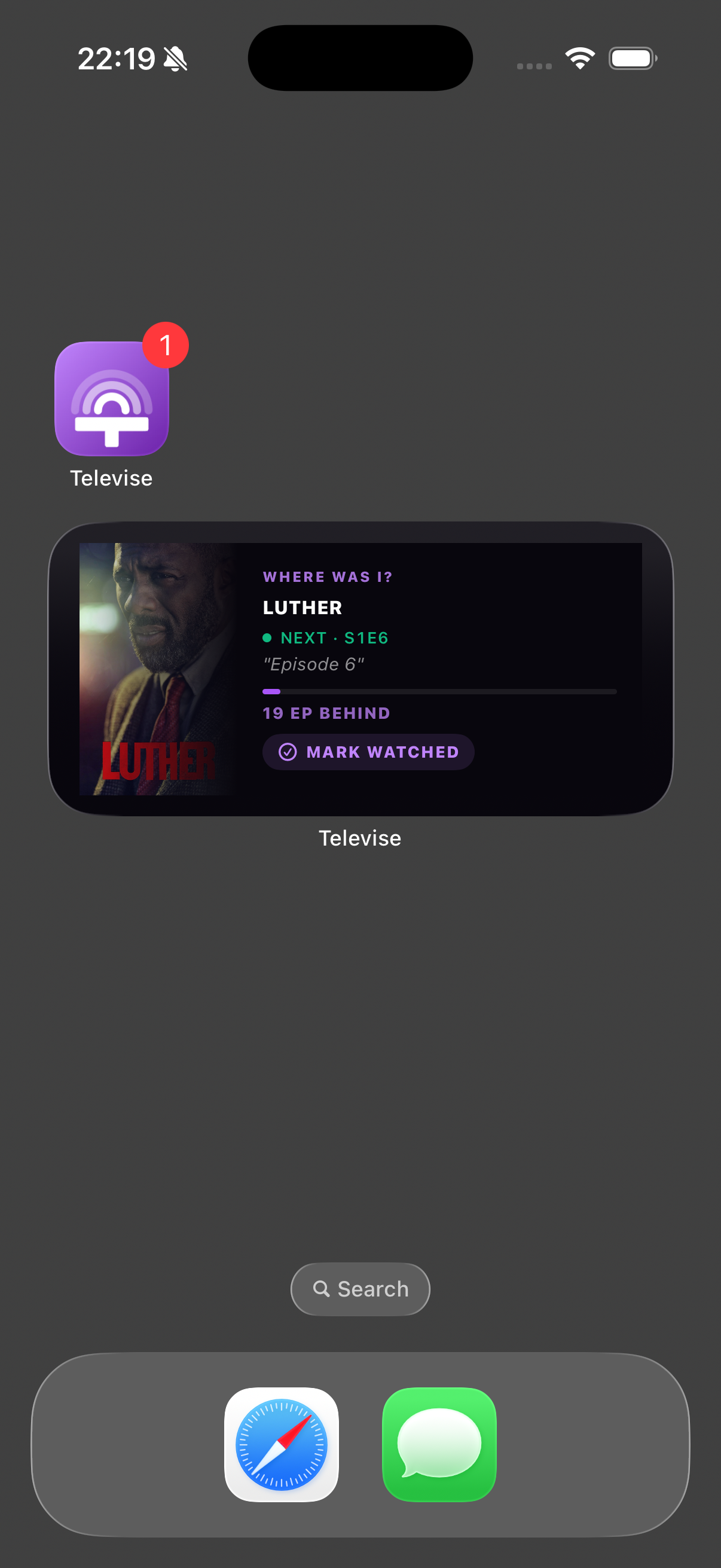 Televise — iOS home screen widget showing the next episode and a Mark Watched button
