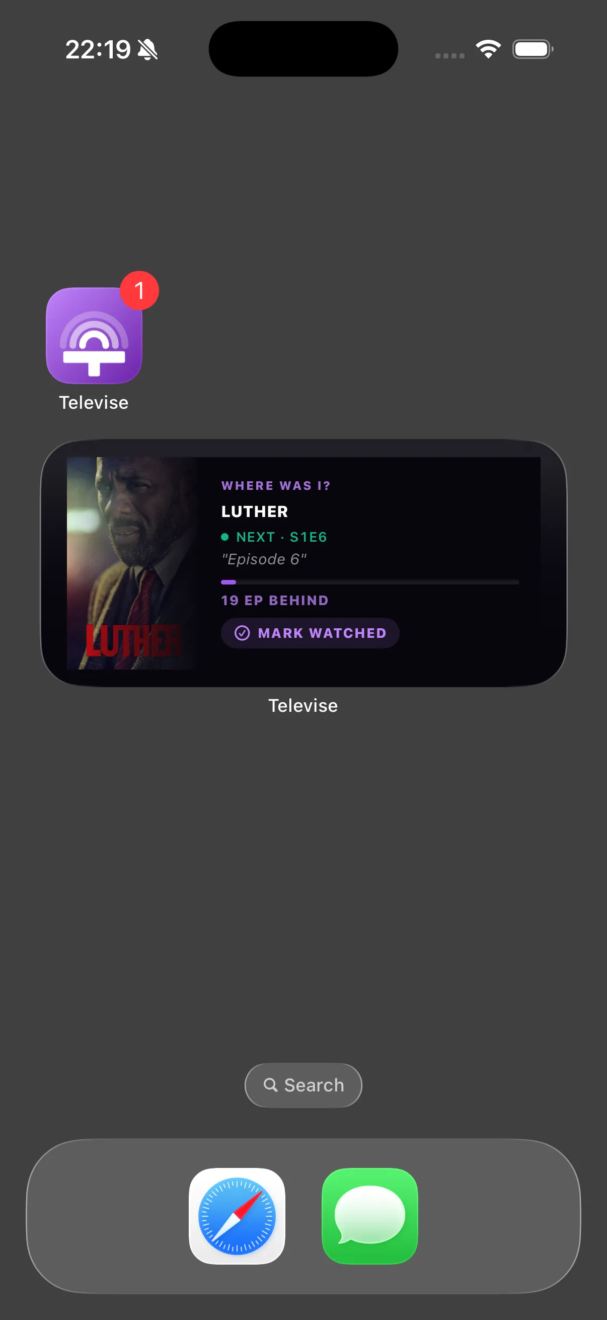 Televise — iOS home screen widget showing the next episode and a Mark Watched button